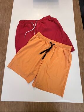 SHEIN Men's Two 	Pair of Joggers in Red & Orange Athletic Drawstring Shorts